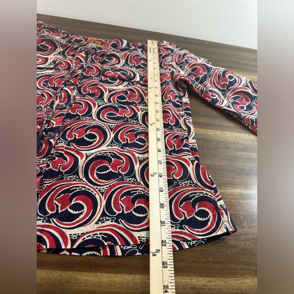 Tory Burch Cotton Silk Blend Wave Print Button Front Boho Blouse Tassels Size 6 - Picture 7 of 7